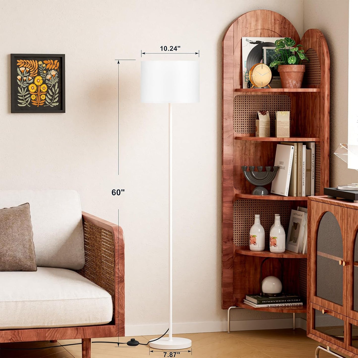 Ambimall 60'' Modern Floor Lamp with Shade, Tall Lamps for Living Room, Bedroom, Office, Dining Room, White Shade with White Pole(Without Bulb)
