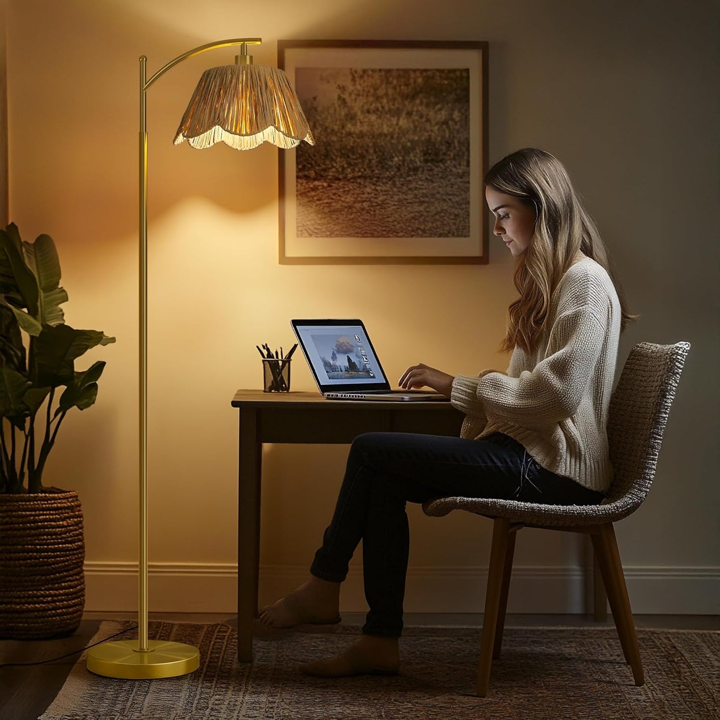 Oneach Arc Floor Lamp for Living Room,Rattan Boho Floor Lamp with Hand-Woven Wicker Shade, Foot Switch,Gold Metal Base & Pole,Farmhouse Standing Lamp for Bedroom Corner,Reading