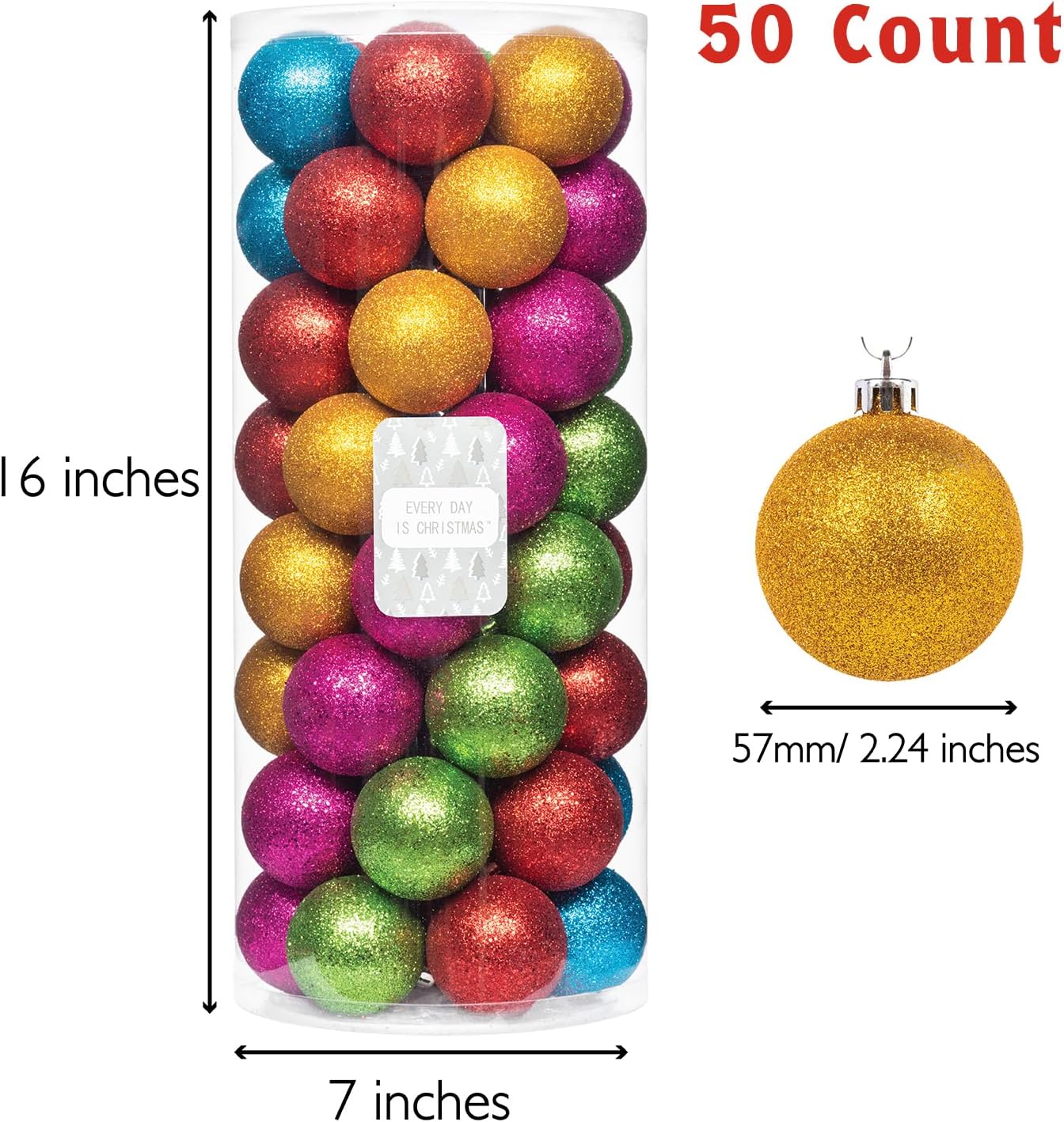 Every Day is Christmas Ornaments, Shatterproof Christmas Tree Ornament Set, Christmas Balls Decoration 50 Count (2.24"/57mm, Glitter Rainbow)