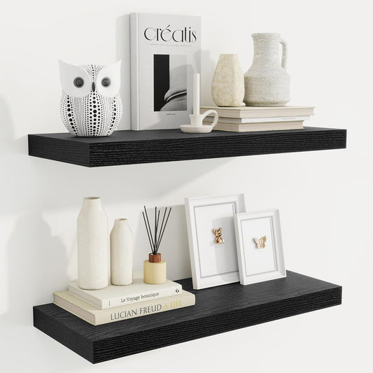 Fun Memories 24 Inch Floating Shelves for Wall, 9 Inch Deep Black Rustic Wood Wall Mounted Shelves for Bathroom, Kitchen, Living Room, Set of 2