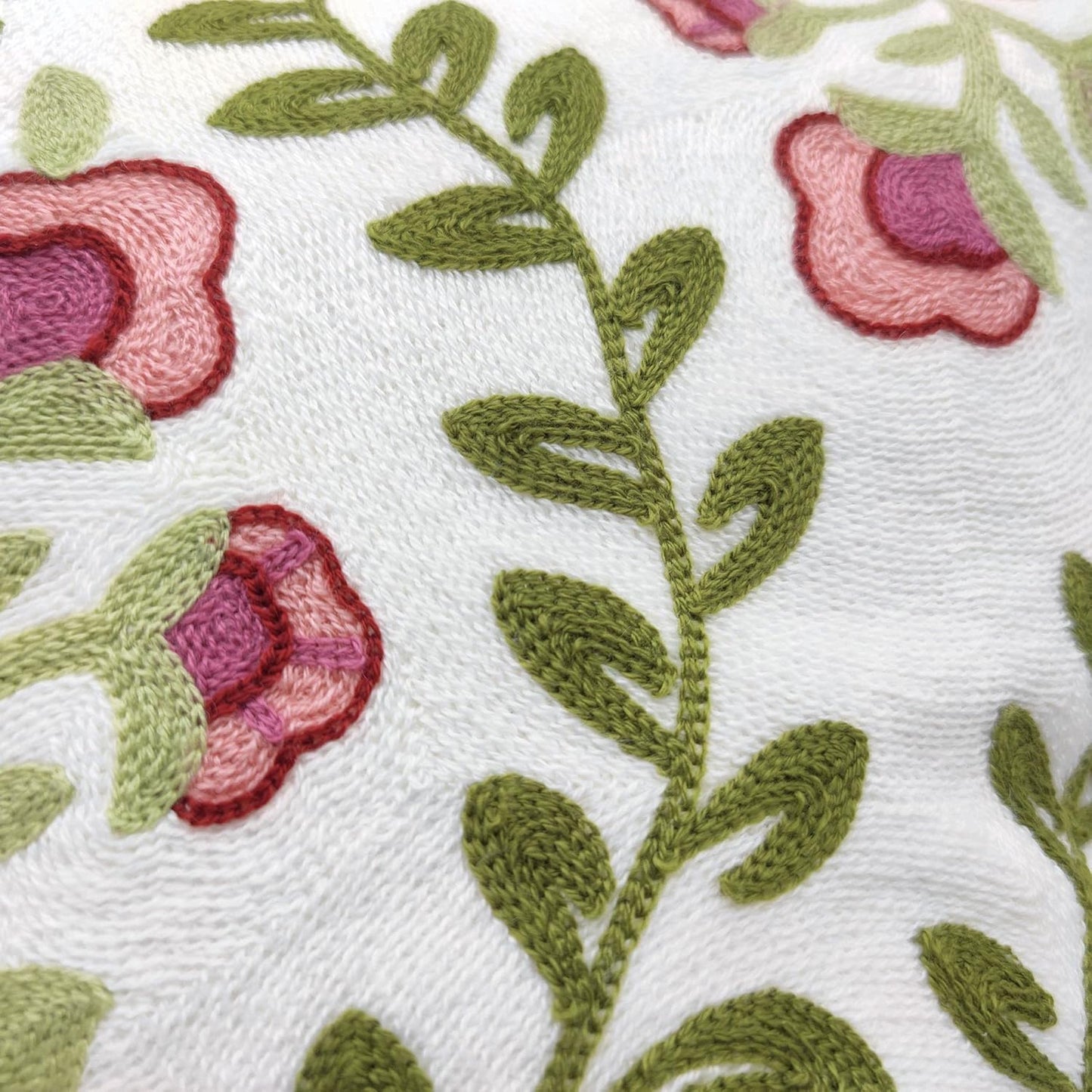 Alysheer Floral Embroidered Summer Decorative Throw Pillow Covers 18"x 18" Set of 2, Farmhouse Cottage Pink Flowers Green Leaves Knit Pattern Cotton Canvas Cushion Case for Sofa Couch Bed Living Room