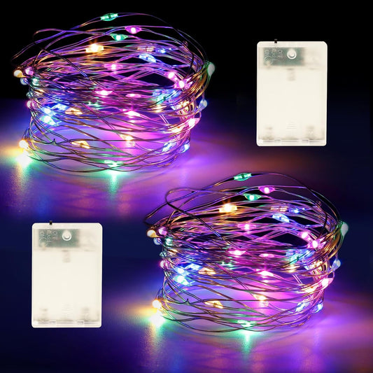 Fairy Lights Battery Operated String Lights 16.4ft 50LED Flashing and Constant Light Waterproof Silver Wire for Christmas DIY Party Bedroom Wedding (Multicolor, 2 Pack)