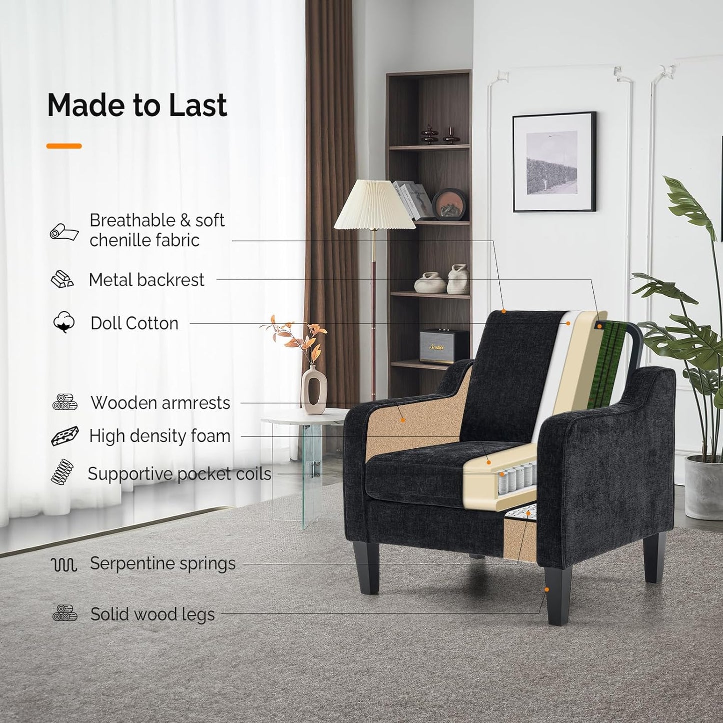 VINGLI Mid Century Modern Accent Chairs, Black Soft Chenille Reading Chair Upholstered Armchair Side Chairs Sofa Couches for Living Room, Bedroom, Apartment