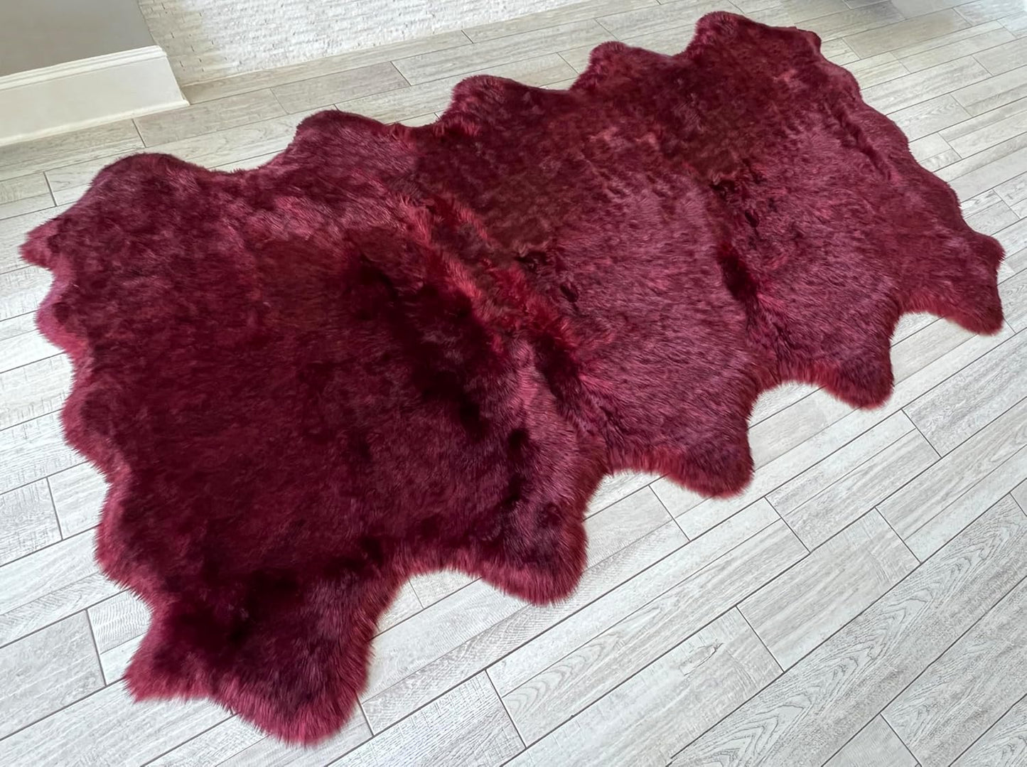 LAMBZY Faux Sheepskin Super Soft Hypoallergenic Free Shape Silky Shag Rug, Luxury Shaggy Plush Carpet for Bedrooms Living Kids Room Sofa Rugs (Burgundy, Decto 10 Pelts 6'x10')