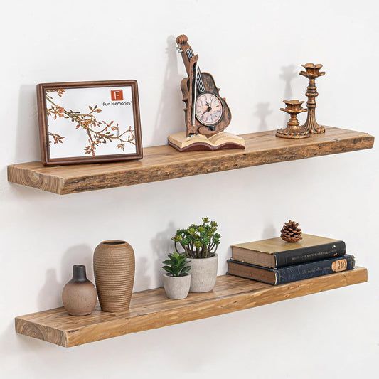 Floating Shelves for Wall, 36" Live Edge Solid Elm Wood Floating Shelf, Wall-Mounted Display Shelves with Invisible Heavy-Duty Metal Bracket, Floating Shelf for Kitchen (Natural, Set of 2)