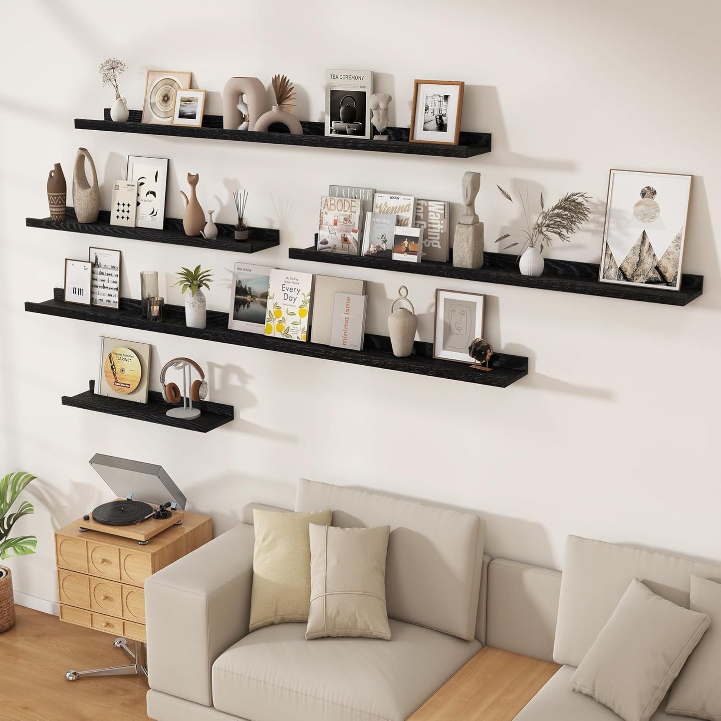 Floating Picture Ledge Shelves 36 Inch Solid Oak Wood Set of 2, Rustic Wall Storage Shelves with Lip, Kids Bookshelf, Photo & Picture Ledge Shelves for Bedroom, Living Room, Kitchen