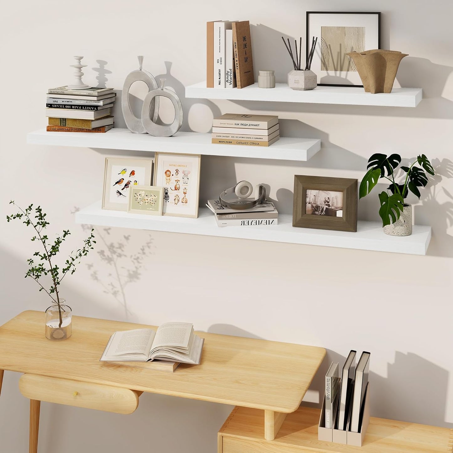 White Floating Shelves 48 Inch Long, 8 Deep Floating Shelves for Wall, Rustic 48" Long Fireplace Mantel, Large 48 x 8 Wall Shelves for Bedroom, Living Room, Bathroom, White Deep Shelves Set of 1