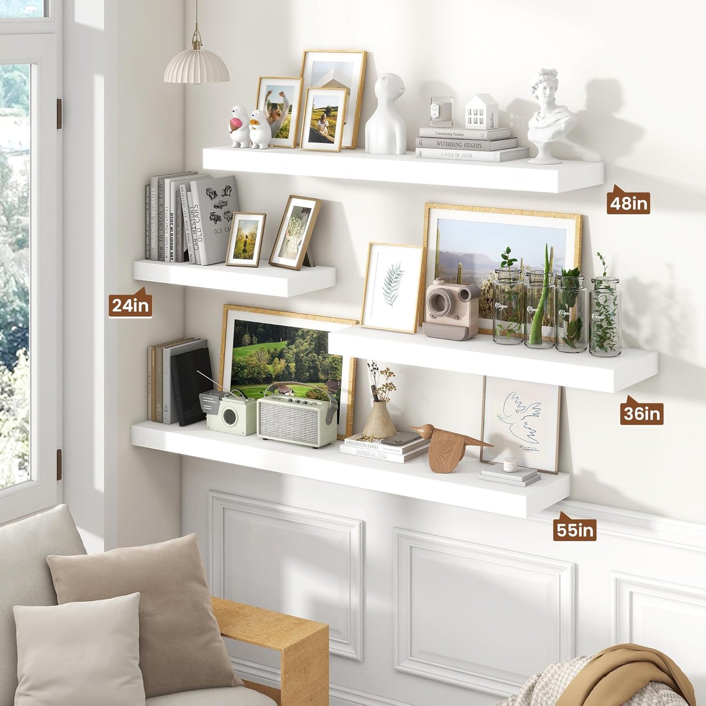 Heimlove 48" White Floating Shelves for Wall,10 Deep Rustic Wood Display & Storage Wall Shelves with Heavy Duty Brackets for Bathroom,Bedroom,Kitchen,Living Room,Office,Set of 2