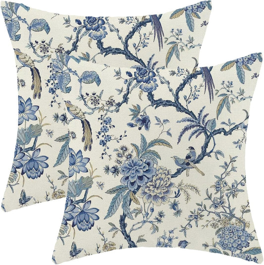 CXMEIFLY Spring Floral Birds Pillow Covers 16 x 16 Inch Set of 2 for Chinoiserie Flowers Decor Throw Pillows Blue and White Plant Outdoor Decorative Cushion Cases for Couch Bed Decorations