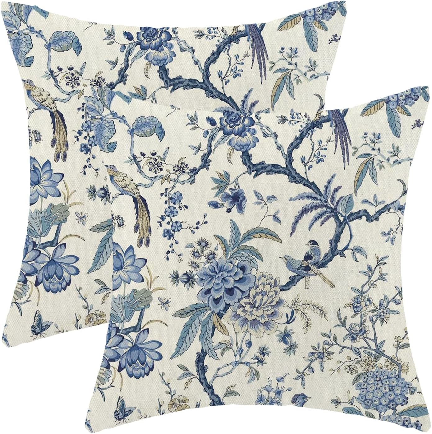 CXMEIFLY Spring Floral Birds Pillow Covers 20 x 20 Inch Set of 2 for Chinoiserie Flowers Decor Throw Pillows Blue and White Plant Outdoor Decorative Cushion Cases for Couch Bed Decorations