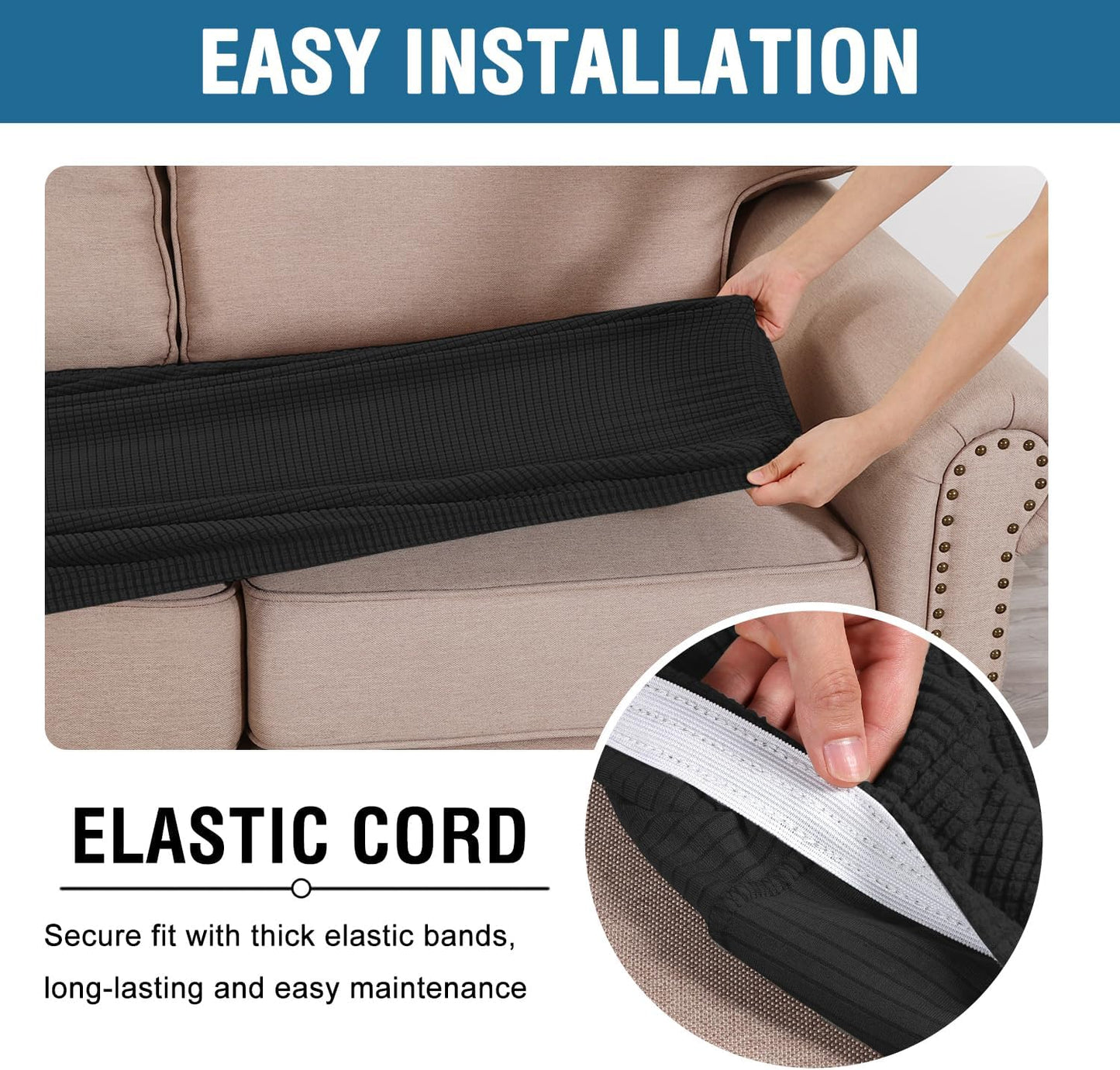 H.VERSAILTEX Super Stretch Individual Seat Cushion Covers Sofa Covers Couch Cushion Covers Slipcover Sets Thick Jacquard Textured Twill Fabric (1 Piece Sofa Cushion Cover, Black)