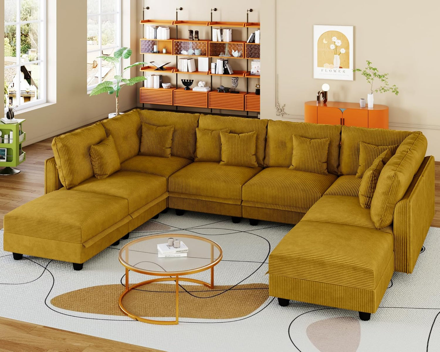 LLappuil Modular Sectional Sofa with Storage Seat, Corduroy Modular U Shaped Sectional Couch for Living Room, 8 Seat Oversized Sofa with 8 Back Cushion 8 Throw Pillow, Yellow