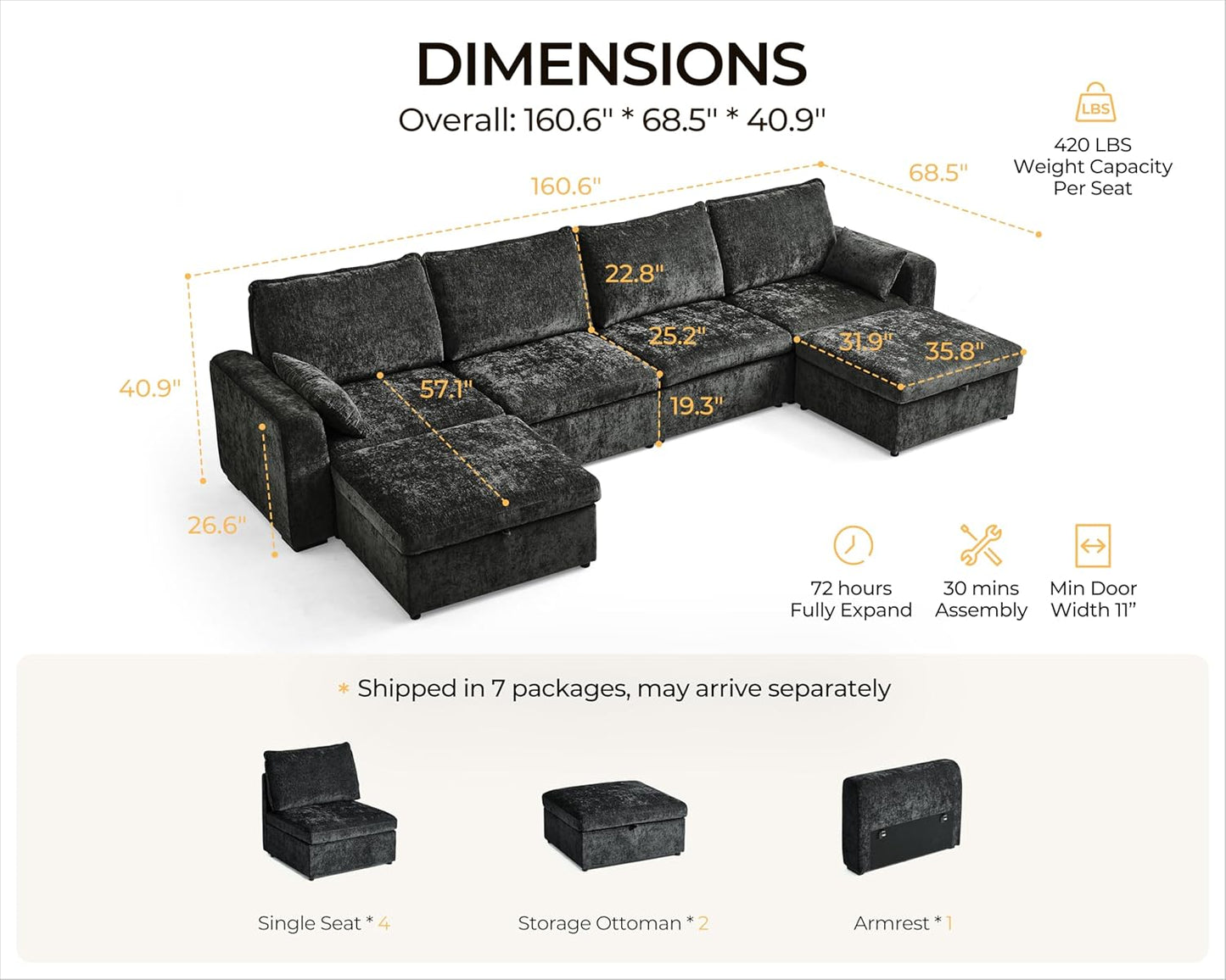 Oversized Modular Sofa Comfy Cloud Couch with Storage, Extra Deep Plush Sectional Sofa Set for Living Room, Covers Washable, Chenille, Olar (Black, 6-Seater with 2 Ottomans, u-Shaped)