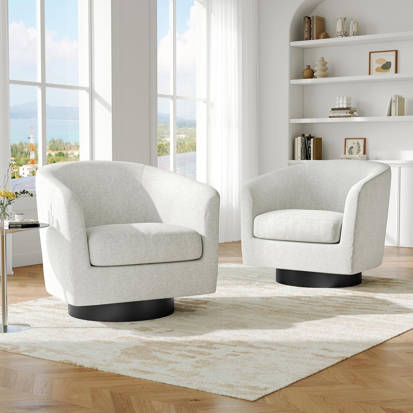 Swivel Barrel Accent Chair, Modern Round Chenille Fabric Arm Chair for Living Room, Bedroom, Comfy Club Reading Chairs for Adults（Chenille Fabric, Beige, Set of 1