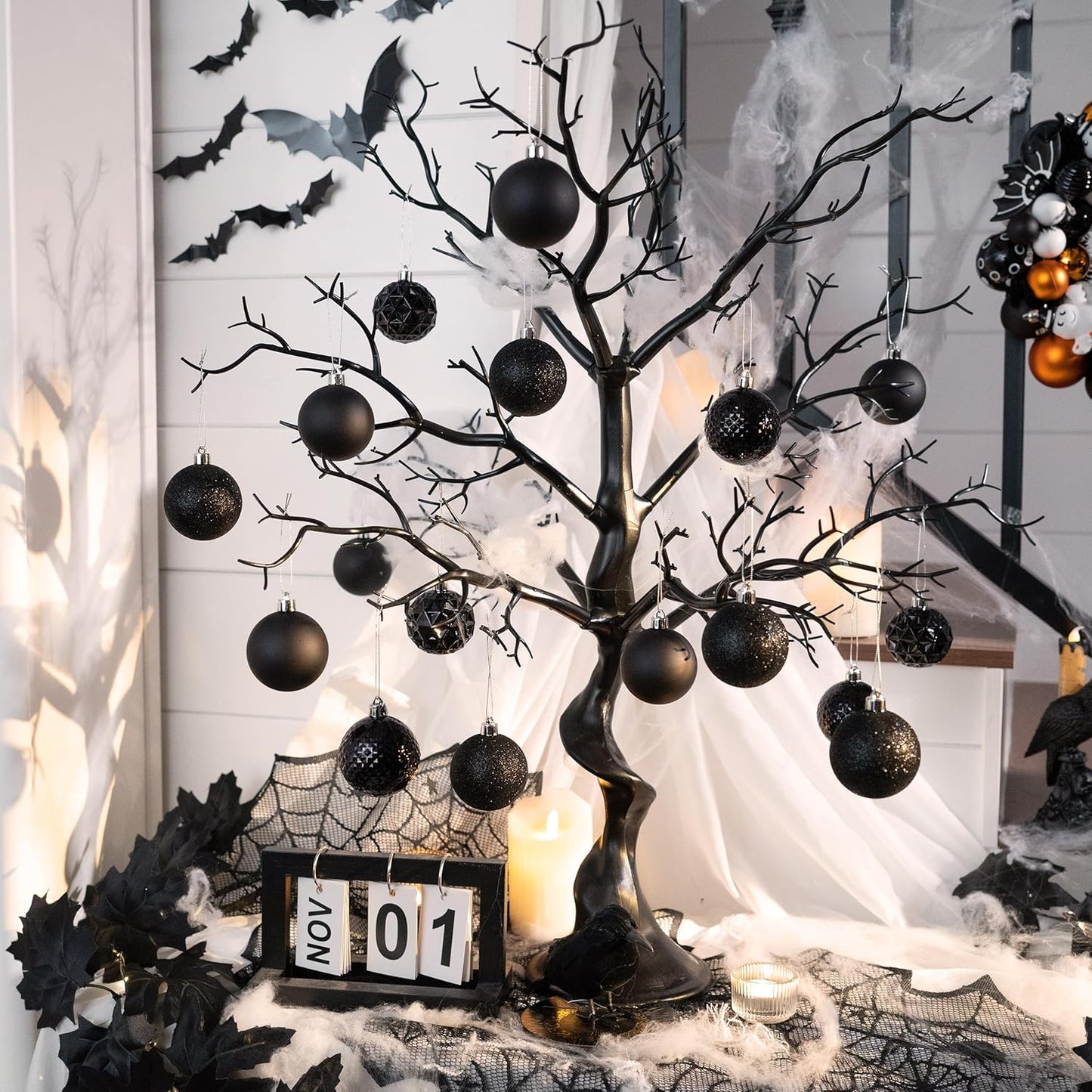 Valery Madelyn Christmas Tree Decorations Ornament Set for Fall Halloween, 50ct 2 Inches Black Shatterproof Christmas Ball Ornaments Hanging Xmas Holiday Party Decor