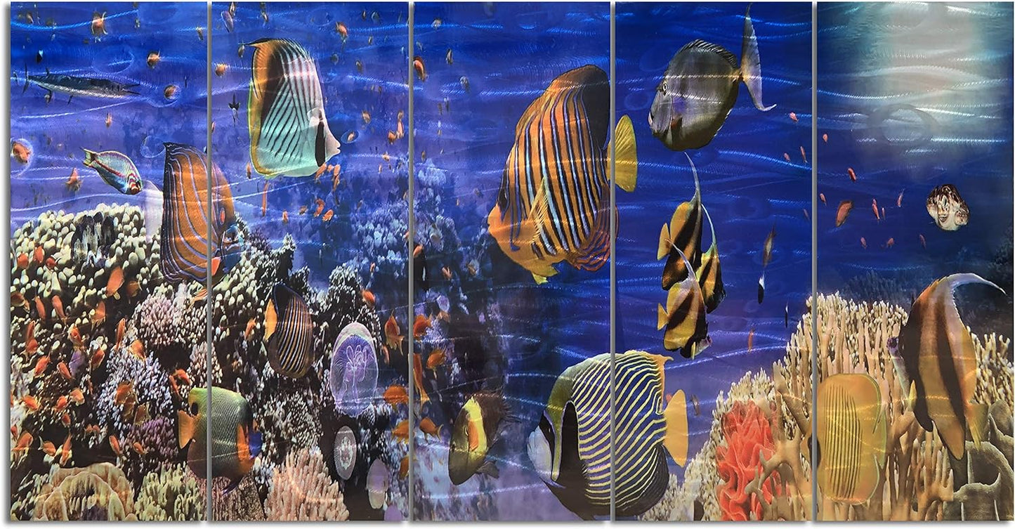 Yihui Arts Handcrafted Colorful Fish Metal Wall Art, Large Metal Wall Art in Modern Ocean Design, 3D Wall Art for Modern and Contemporary Decor, 5-Panels, Metal Wall Decor Works