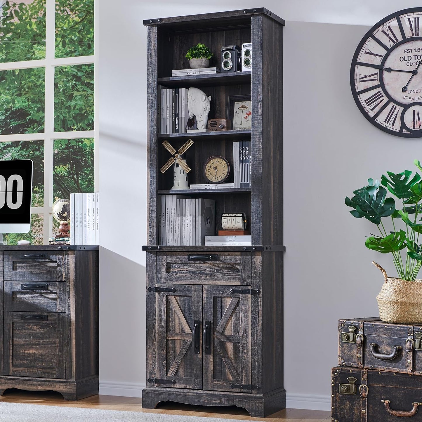 OKD 72'' Tall Bookshelf with Storage, Farmhouse 4 Tier Bookcase w/Barn Door, Adjustable Shelves and Drawers, Rustic Wooden Office Bookshelves for Home Bedroom, Living Room, Library (Dark Rustic Oak)