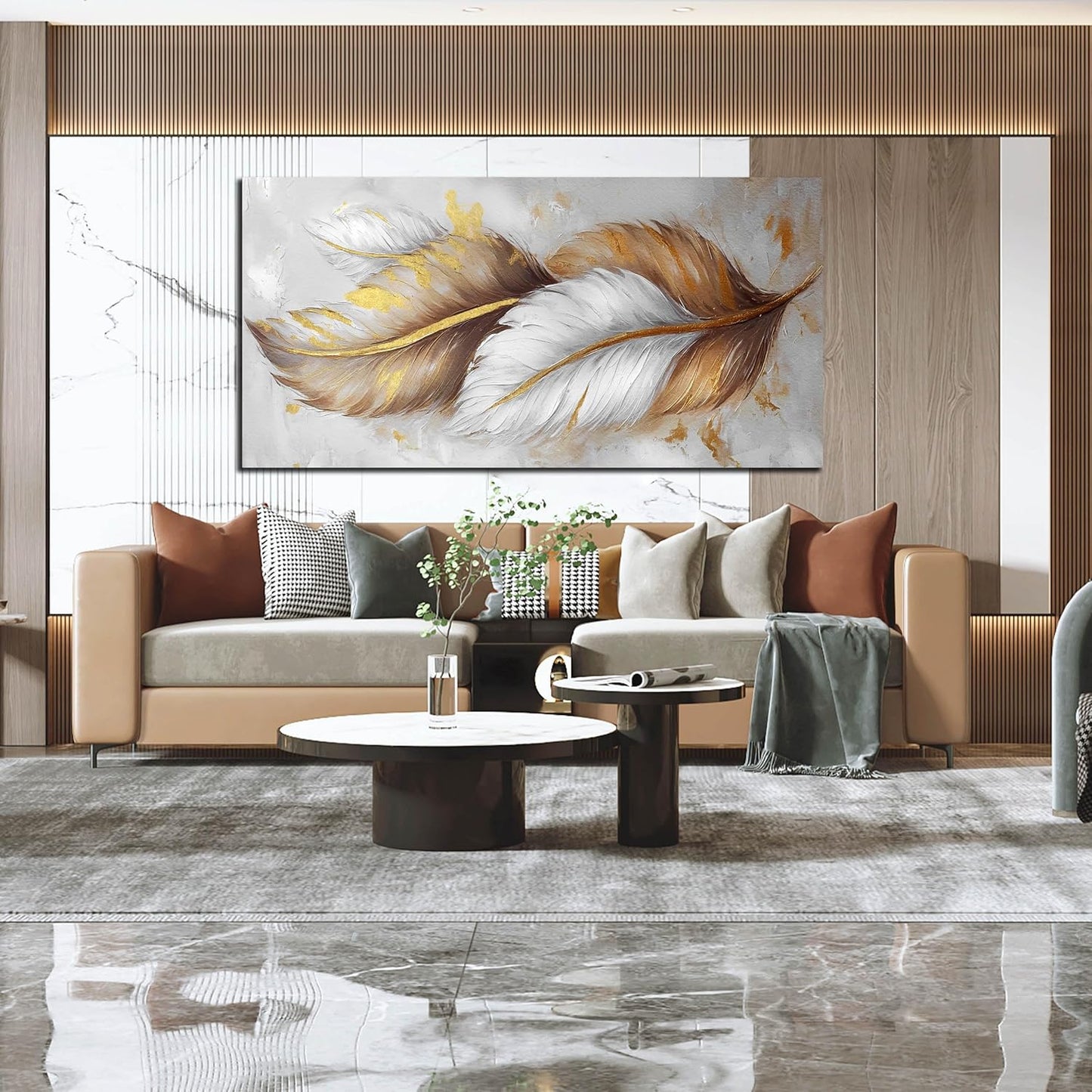 Leaf Canvas Wall Art for Living Room Large Size - White and Brown Gold Pictures Wall Art for Bedroom - Modern Wall Art Office Size 29" x 59"