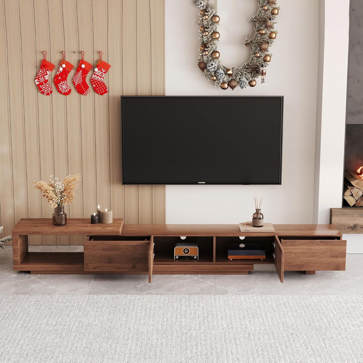 Mid Century Modern TV Stand for 75+ Inch TVs, Extendable Media Console (78"-103") with Ample Storage - Sleek Walnut Entertainment Center for Living Room