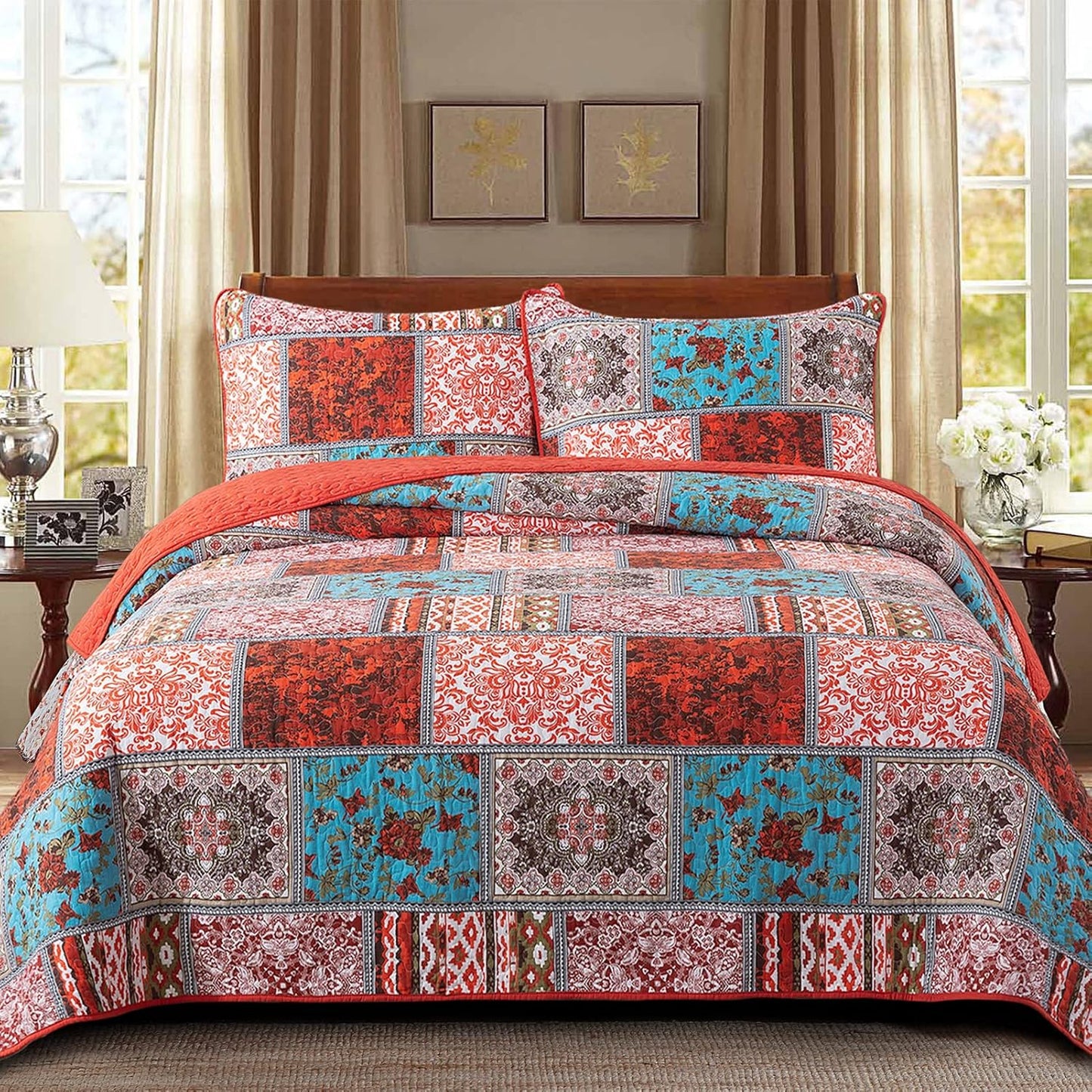 NEWLAKE Cotton Bedspread Quilt Sets-Reversible Patchwork Coverlet Set, Mediterranean Classic Bohemian Pattern,King Size