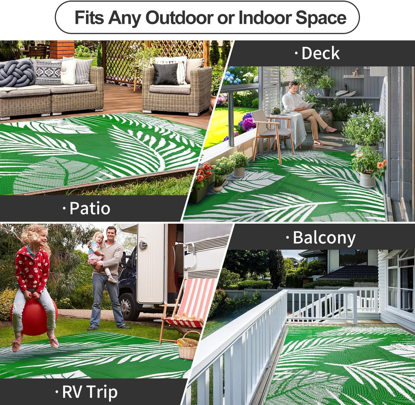 Waterproof Outdoor Rug 8x10ft, Green Leaf Reversible Plastic Straw Mat for Patio RV Deck Porch Backyard Balcony Camping Picnic Beach Indoor Outdoor Carpet, Green&White