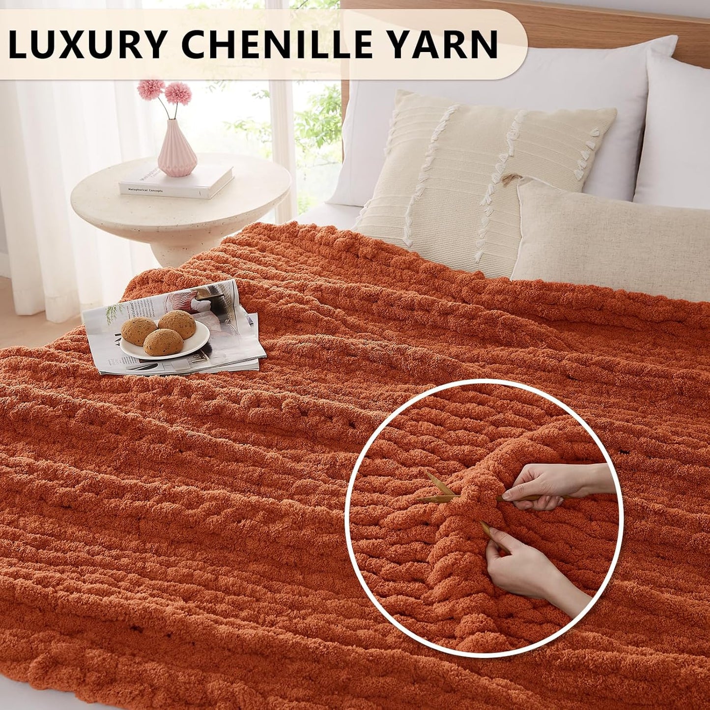 L'AGRATY Chunky Knit Blanket Throw: 50''x60'' Chenille Chunky Knitted Throw Blanket for Bed Couch - Handmade Thick Big Cable Knit Blanket - Large Crochet Rope Blanket for Home Decor(Rusty Orange)
