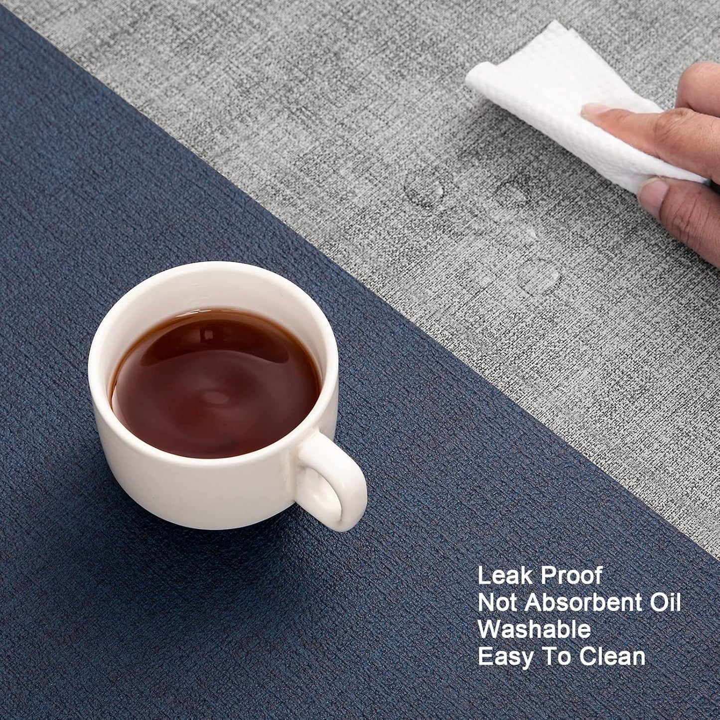 Myir JUN Placemats Dual Sided, Faux Leather Place Mats Set of 4 Indoor Placemat for Dining Table Outdoor Place Mat Manteles Individuales Square Non-Slip Washable Table Mats (Gray Blue, Set of 4)