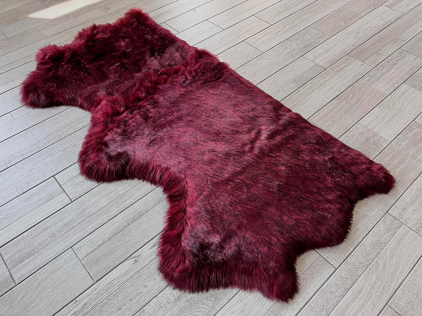 LAMBZY Faux Sheepskin Super Soft Hypoallergenic Free Shape Silky Shag Rug, Luxury Shaggy Plush Carpet for Bedrooms Living Kids Room Sofa Rugs (Burgundy, Triple Side by Side 3'x6')