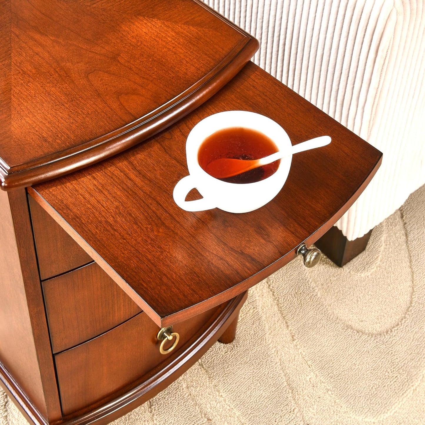 Set of 2 Solid Wood End Table with 3 Drawers, Fully Assembled Nightstand with Sliding Shelf, Pre-Assembled Vintage Wooden Beside Tables In Cherry Brown for Small Space,13.4*22.4*22.6in