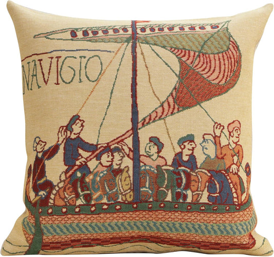 Charlotte Home Furnishings Bayeux Navigo Throw Pillow Cover 16" x 16" – Medieval Ship Decorative Tapestry Cushion Case for Sofa, Couch, & Bed | Cotton Jacquard Woven in Europe | Insert Not Included