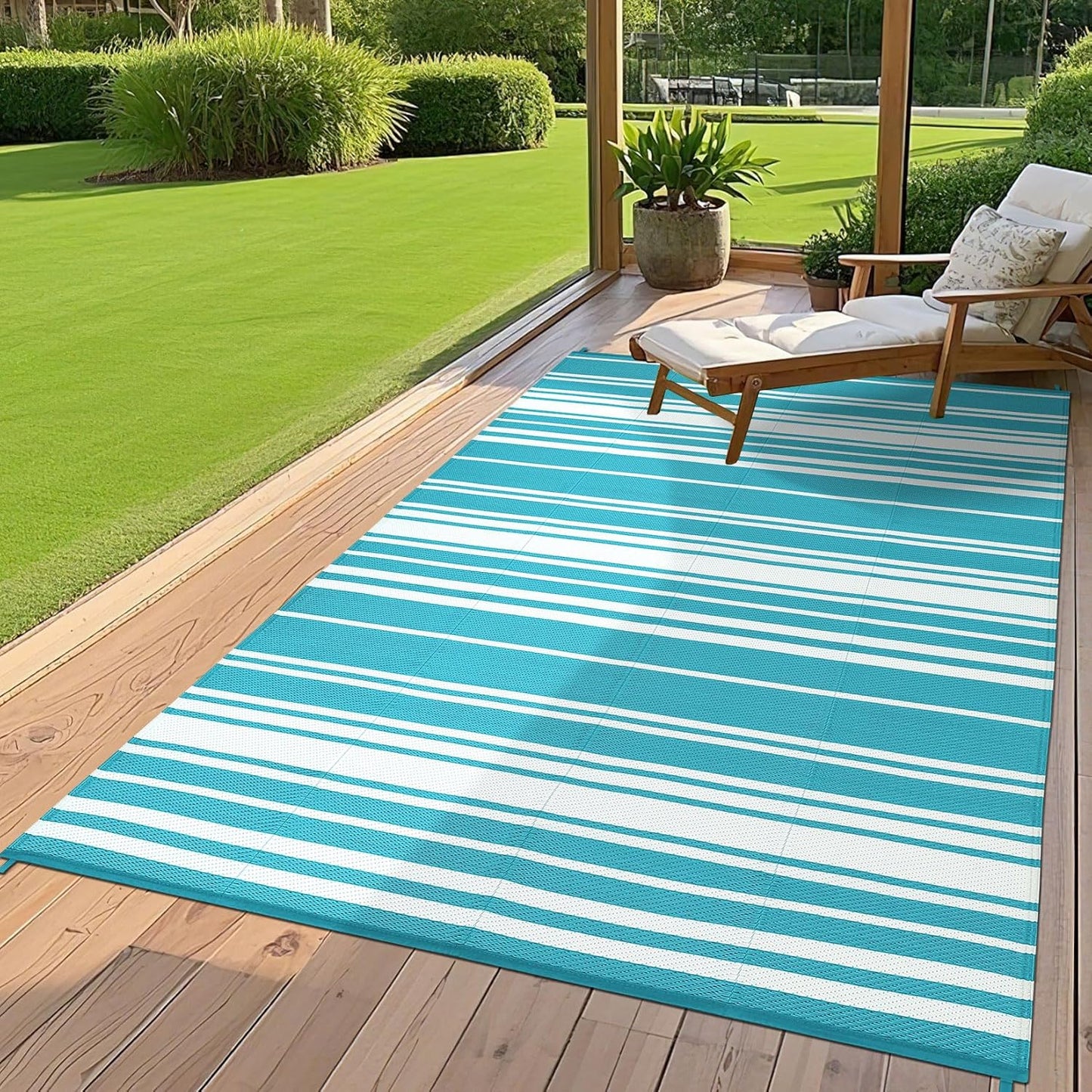 Outdoor Patio Rug 9x12 Stain-Resistant Reversible Camping Mat, Modern Striped Outdoor Plastic Straw Rug, Waterproof Outside Carpet, Easy to Clean for RV, Porch, Deck, Balcony, Light Blue