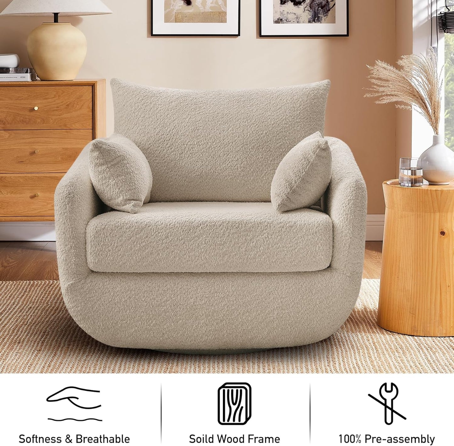 360° Swivel Accent Armchair, 39.3" Oversized, Sherpa Boucle Fabric Sofa Chair with Removable Back & Arm Pillows, Swivel Chair with Cozy Soft Padded, No Assembly Required (1, Camel)