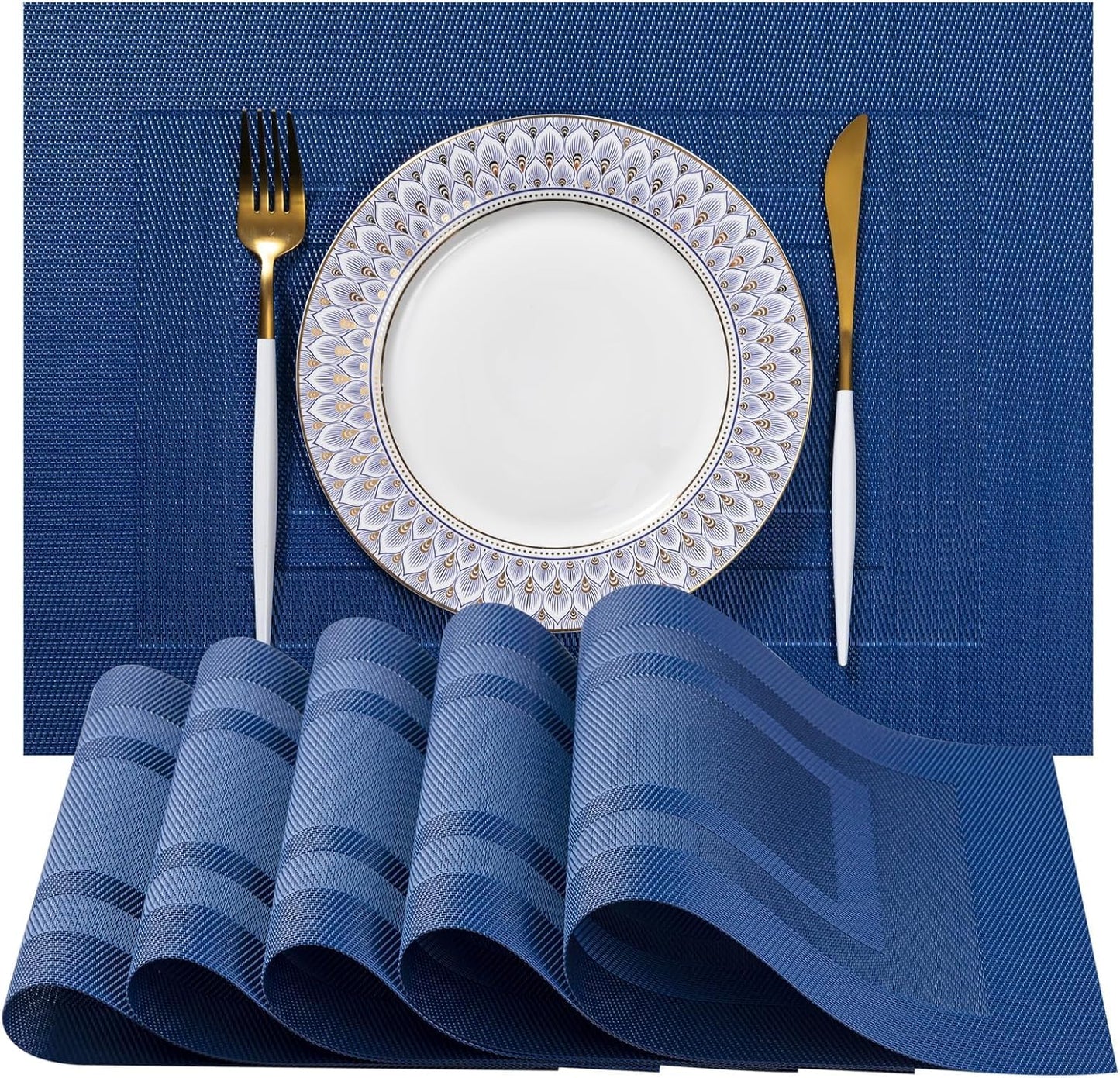 LEXMORE Placemats Set of 6 Vinyl/Plastic Woven Place Mats for Kitchen Table Indoor/Outdoor Washable Placemat Wipeable Dining Table Mats(G-Navy Cube)