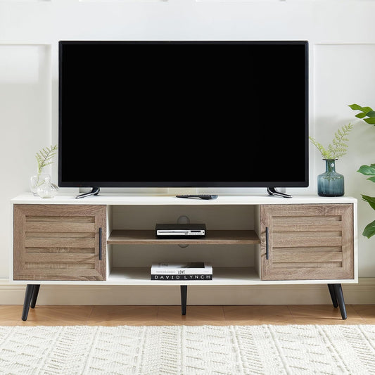 Mid Century Wooden TV Stand with Open Shelf and 2 Storage Cabinets for TVs up to 65 Inches,White Walnut Modern Entertainment Center TV Console for Living Room,Bedroom.