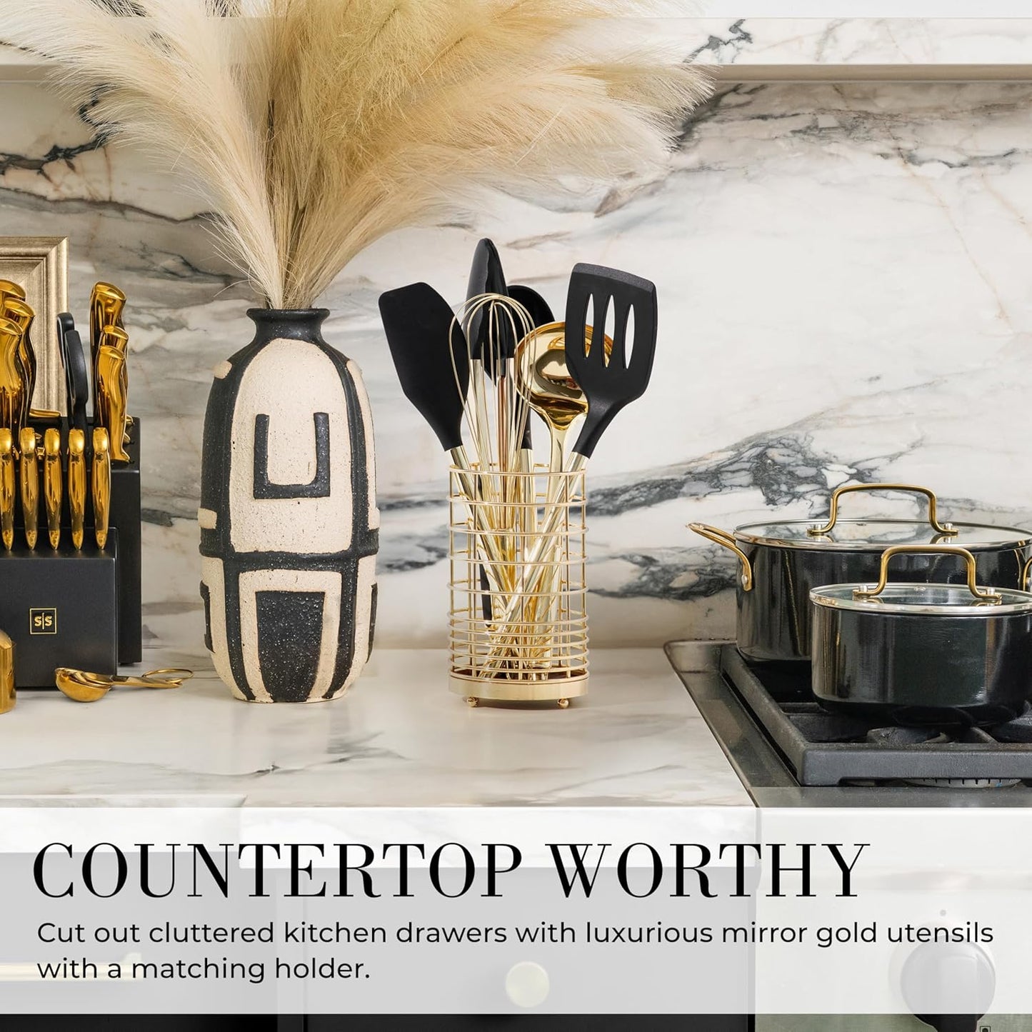 Styled Settings Black and Gold Cooking Utensils Set - 7-Piece Silicone Utensils Set Include Spatula Holder for Nonstick Cookware and Modern Kitchens - Stylish Black and Gold Kitchen Accessories