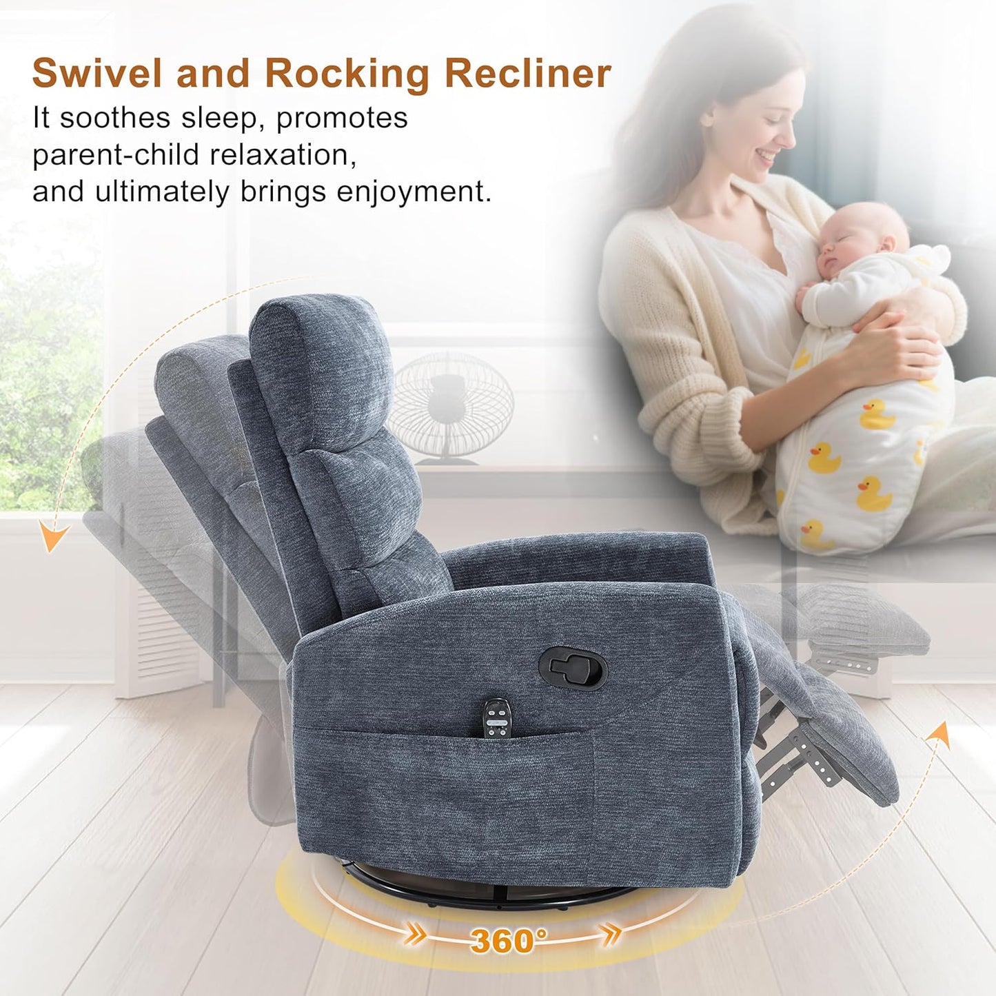 Manual Swivel Rocker Recliner Chair for Adults, Overstuffed Reclining Glider Chair for Nursing with Vibration Massage & Heat, Living Room Rocking Recliner 3-Stage backrest, Chenille Fabric Blue