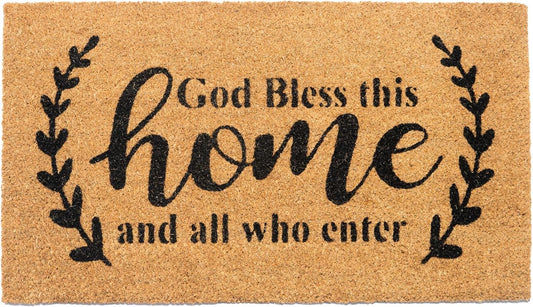 Welcome Doormats, Natural Coco Coir Mats with Non-Slip PVC Backing, Indoor Outdoor Mats for Home & Office, Mats for Door with God Bless This Home Print, Beige & Black, 30"x17"