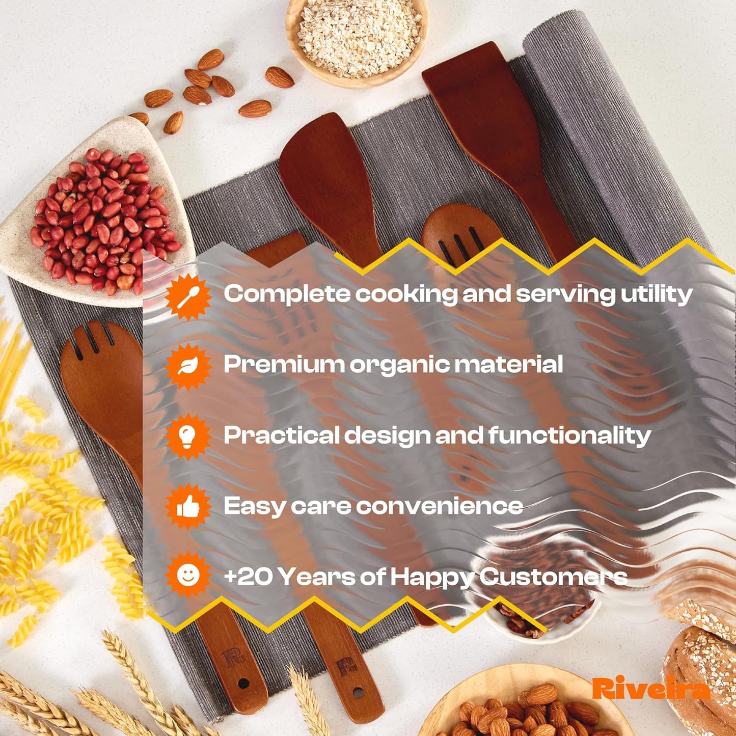 Riveira Premium Brown Bamboo Wooden Spoons for Cooking Set of 6 – Premium Brown Bamboo Wooden Cooking Utensils, Wooden Spatula, Wooden Spoon - Premium Quality Wooden Utensil Set for Non-Toxic Cooking