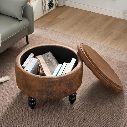 PU Leather Round Ottoman with Storage, Upholstered Tufted Storage Footstool, Modern Wooden Coffee Table for Living Room, Bedroom,Light Brown(PU)