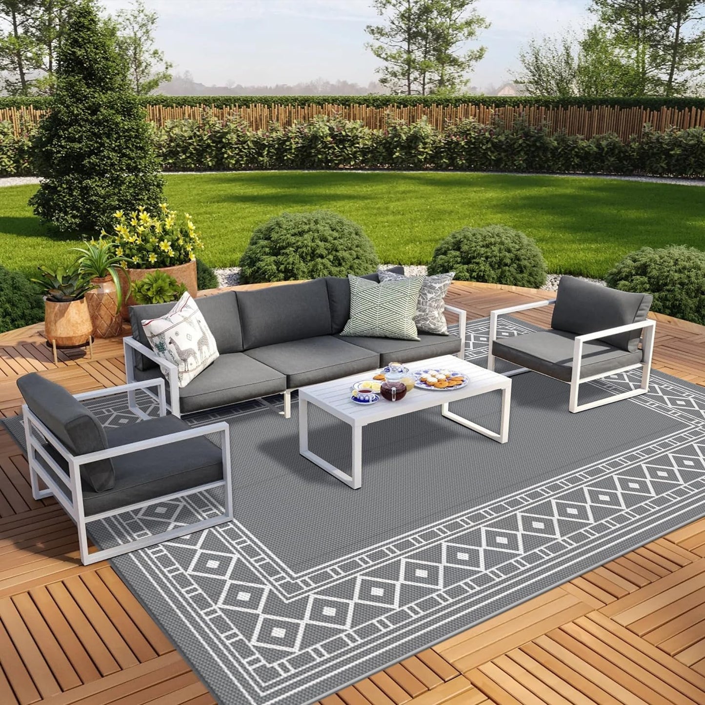 GENIMO Outdoor Rug Waterproof for Patio, 9'x12' Reversible Plastic Straw Outdoor Carpet, Camping Outside Mat for Outdoor Decor, RV, Deck, Camper, Balcony, Picnic, Grey & White