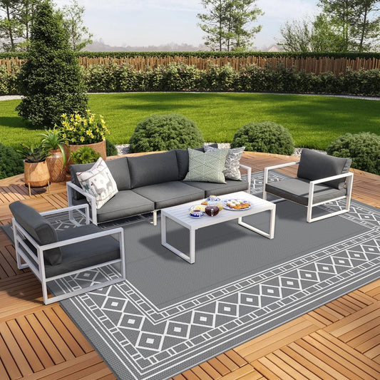 GENIMO Outdoor Rug Waterproof for Patio, 9'x12' Reversible Plastic Straw Outdoor Carpet, Camping Outside Mat for Outdoor Decor, RV, Deck, Camper, Balcony, Picnic, Grey & White