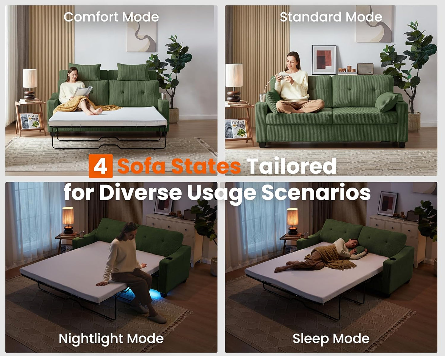 Pull Out Sofa Bed, Full Size Sleeper Sofa, 2-in-1 Convertible Corduroy Couch with USB Charging, Memory Form Couch for Living Room, Apartment and Small Space (Green, Corduroy - Queen Size)