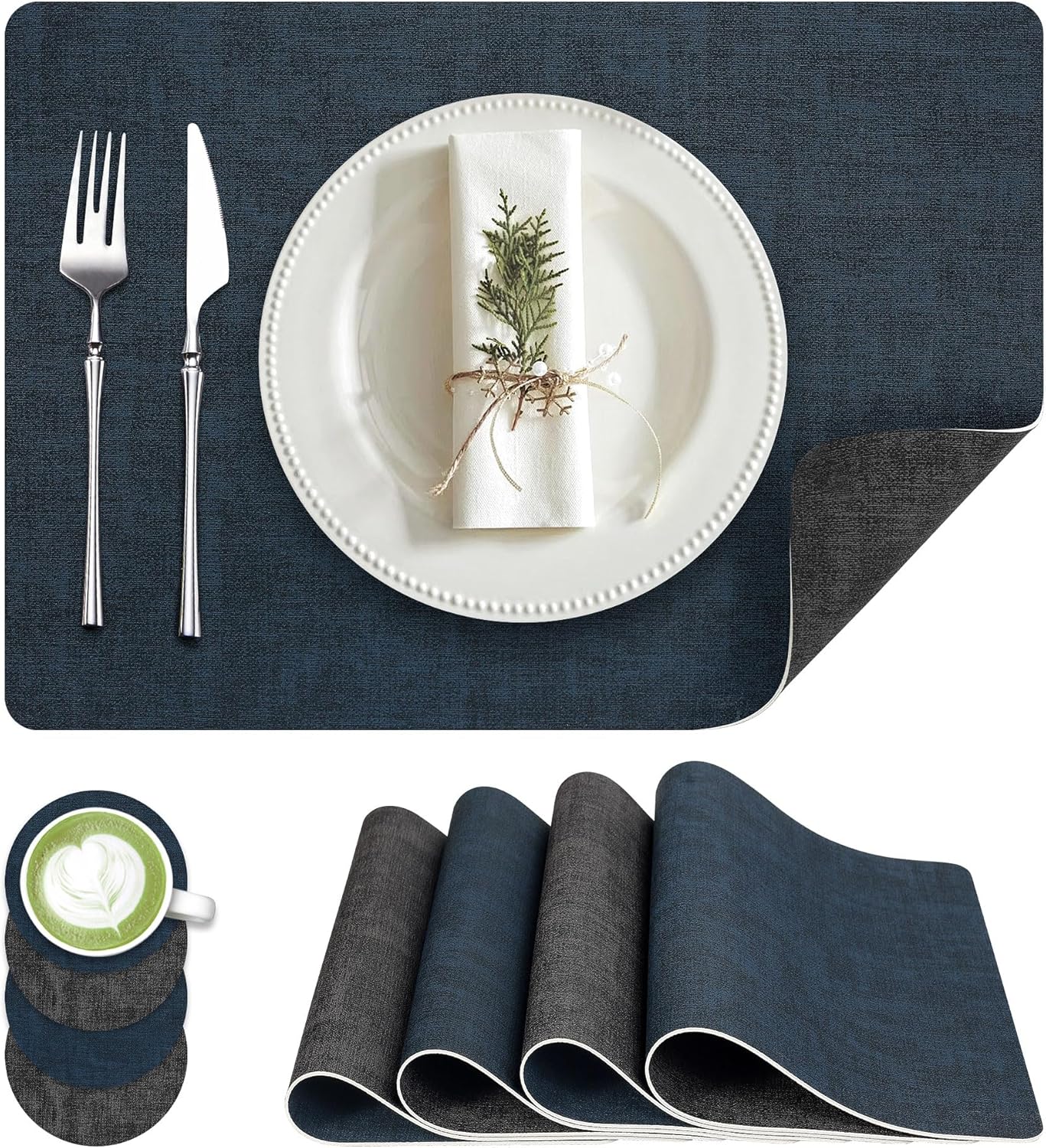 Faux Leather Dual Sided Placemats Set of 4, Square Non-Slip Heat Resistant Placemats with Coaster, Reversible wipeable Waterproof Table Mats for Kitchen, Dining, Outdoor (4, Black Navy Blue)