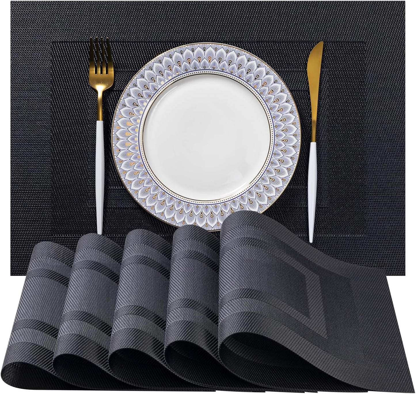 LEXMORE Placemats Set of 6 Vinyl/Plastic Woven Place Mats for Kitchen Table Indoor/Outdoor Washable Placemat Wipeable Dining Table Mats(Black Cube)