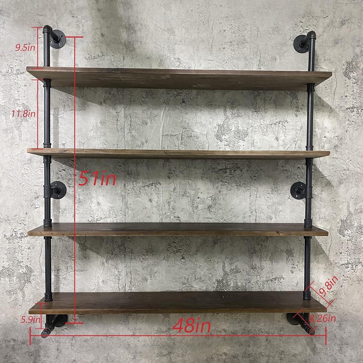 Industrial Pipe Wall Shelves With Real Wood Plank, 48 Inches Floating Shelves for Wall, 4 Tier Farmhouse Book Shelves, Dark Brown for Kitchen, Living Room Decor and Bar