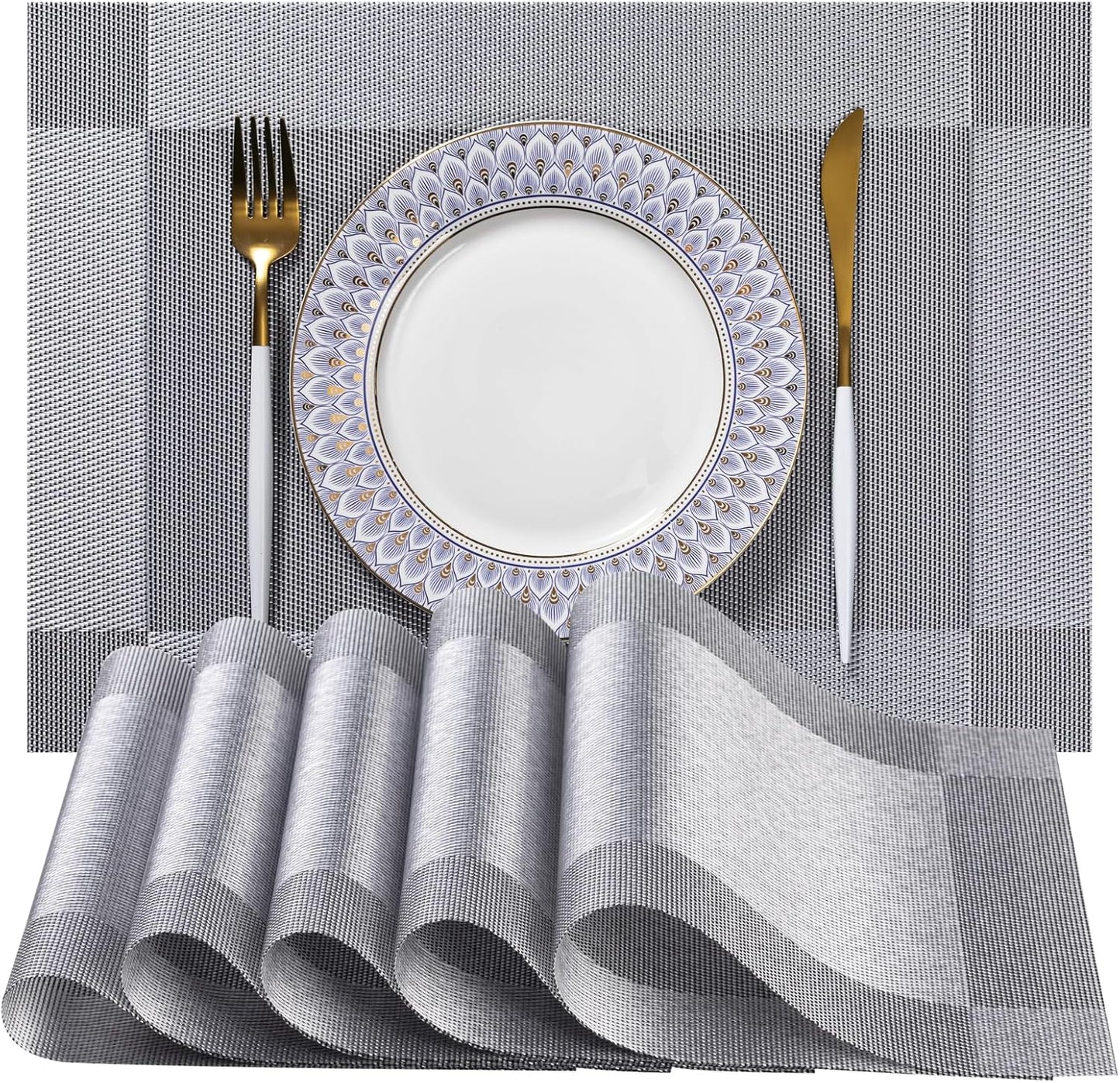 LEXMORE PlaceMats Set of 12 Vinyl/Plastic Woven Place Mats for Kitchen Table Indoor/Outdoor Washable PlaceMat Wipeable Dining Table Mats(Silver Cube)