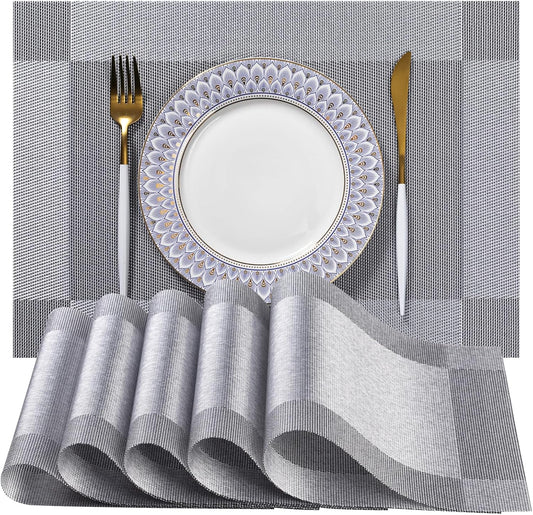 LEXMORE Placemats Set of 4 Vinyl/Plastic Woven Place Mats for Kitchen Table Indoor/Outdoor Washable Placemat Wipeable Dining Table Mats(Silver Cube)