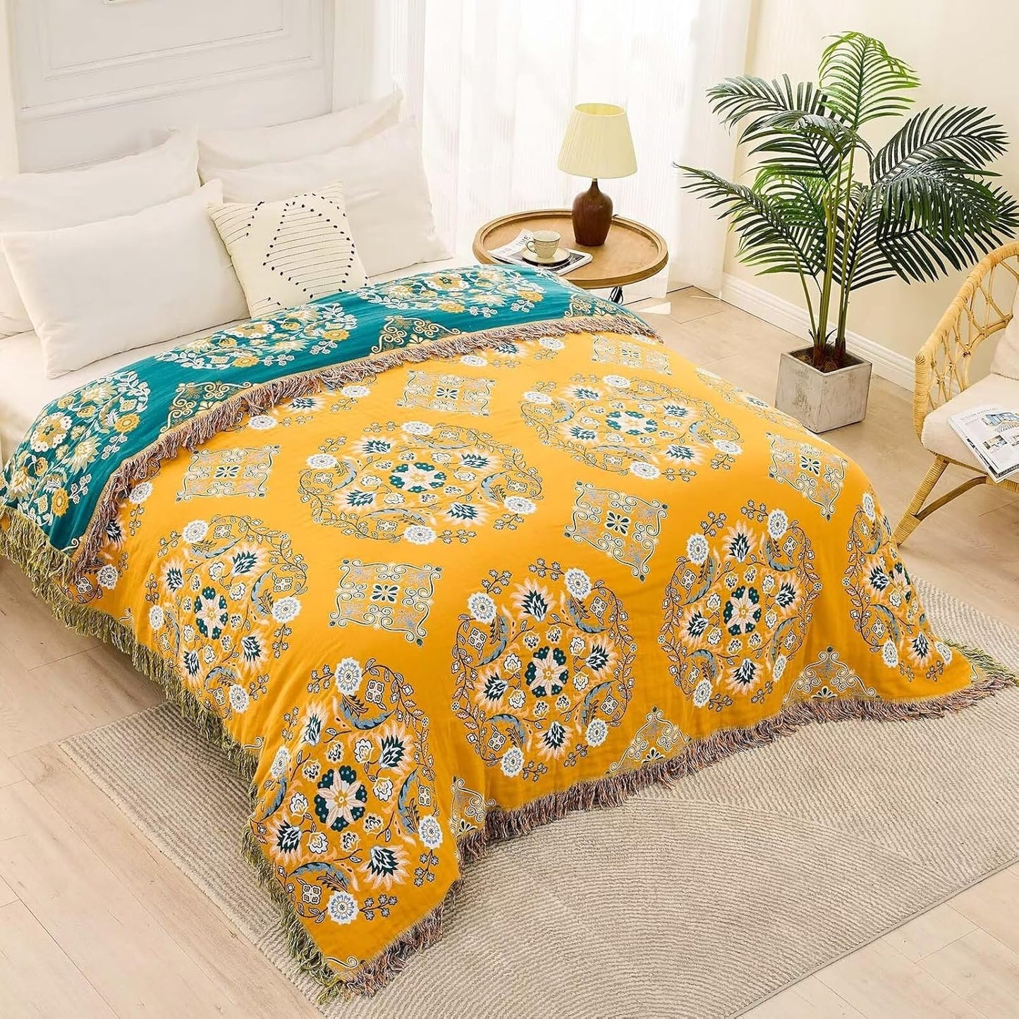 Boho Throw Blanket, 100% Cotton Ultra Soft Luxury Throw Rustic Quilt, Floral Printed Farmhouse Decor Bed Summer Blankets, All Season Rustic Reversible Bohemian Throw for Bed (60"x80" Yellow