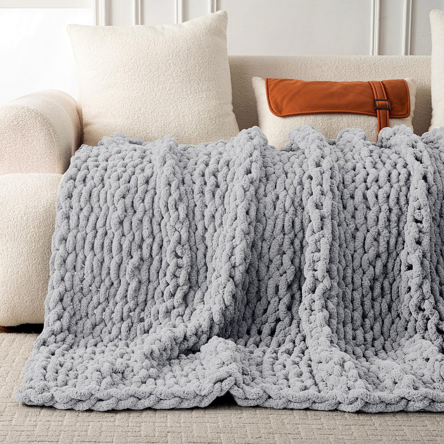 Ultra Soft Chunky Knit Blanket Throw -50x60 Hand Knitted Warm Chenille Throw Blanket, Home Decor Soft Thick Yarn Cable Knit Blanket Breathable Fleece Banket Christmas for Couch Bed Sofa Best GIF