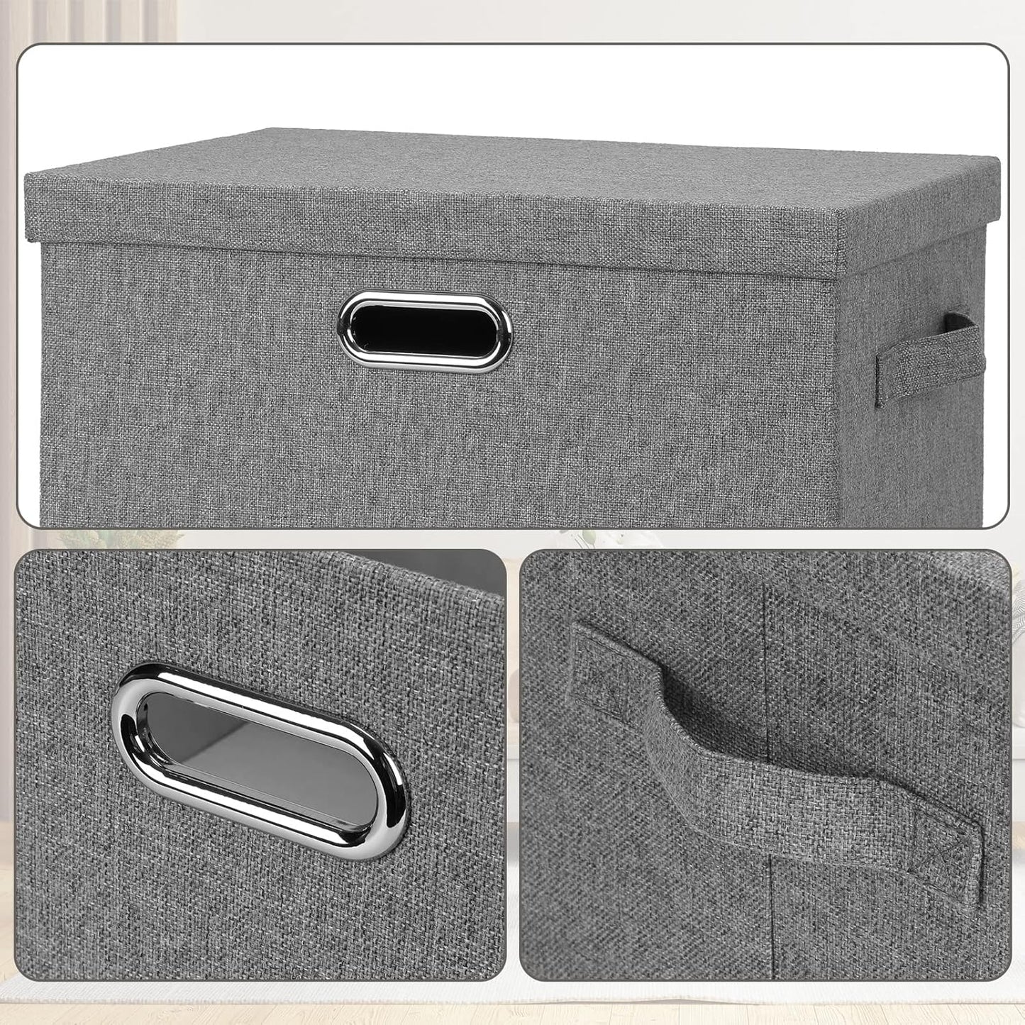 Large 17" 36 Quart Collapsible Stackable Storage Bins with Lids, 3 Packs Grey Linen Fabric Closet Boxes with Lids, Storage Cube Baskets Container Organizers for Bedroom Office(17 x12 x11)